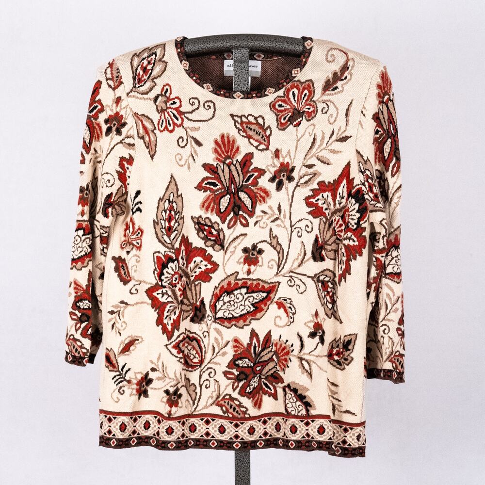 Floral Jacquard Sweater Fall Colors Geometric Trim Womens Size LARGE PETITE Cozy